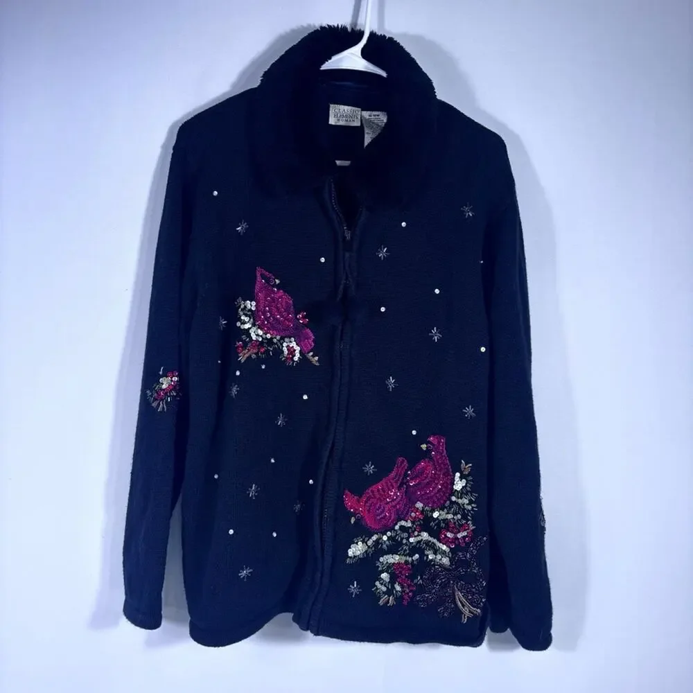 Classic Elements Black Zip-up Cardigan with Red Sequins Cardinals Size XL T4